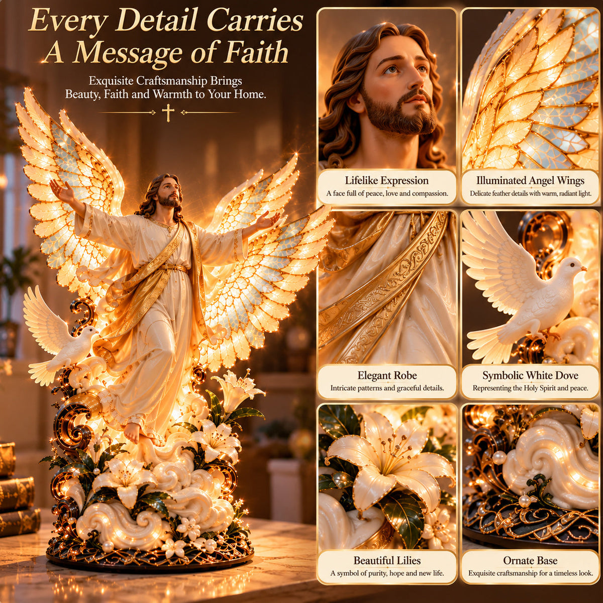 ✝️ Let His Love Light Up Your Home! 🕊️ Wings of His Love – Illuminated Jesus Sculpture with Angel Wings & Dove Projection!