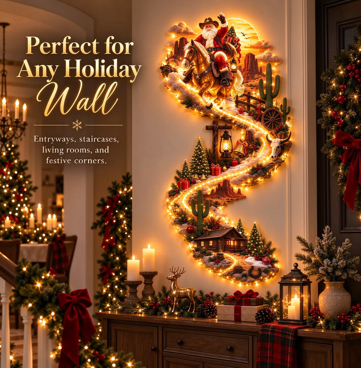 🔥 Last Day – 50% Off!🎅 Wild West Santa – Lighted Christmas Wall Decor