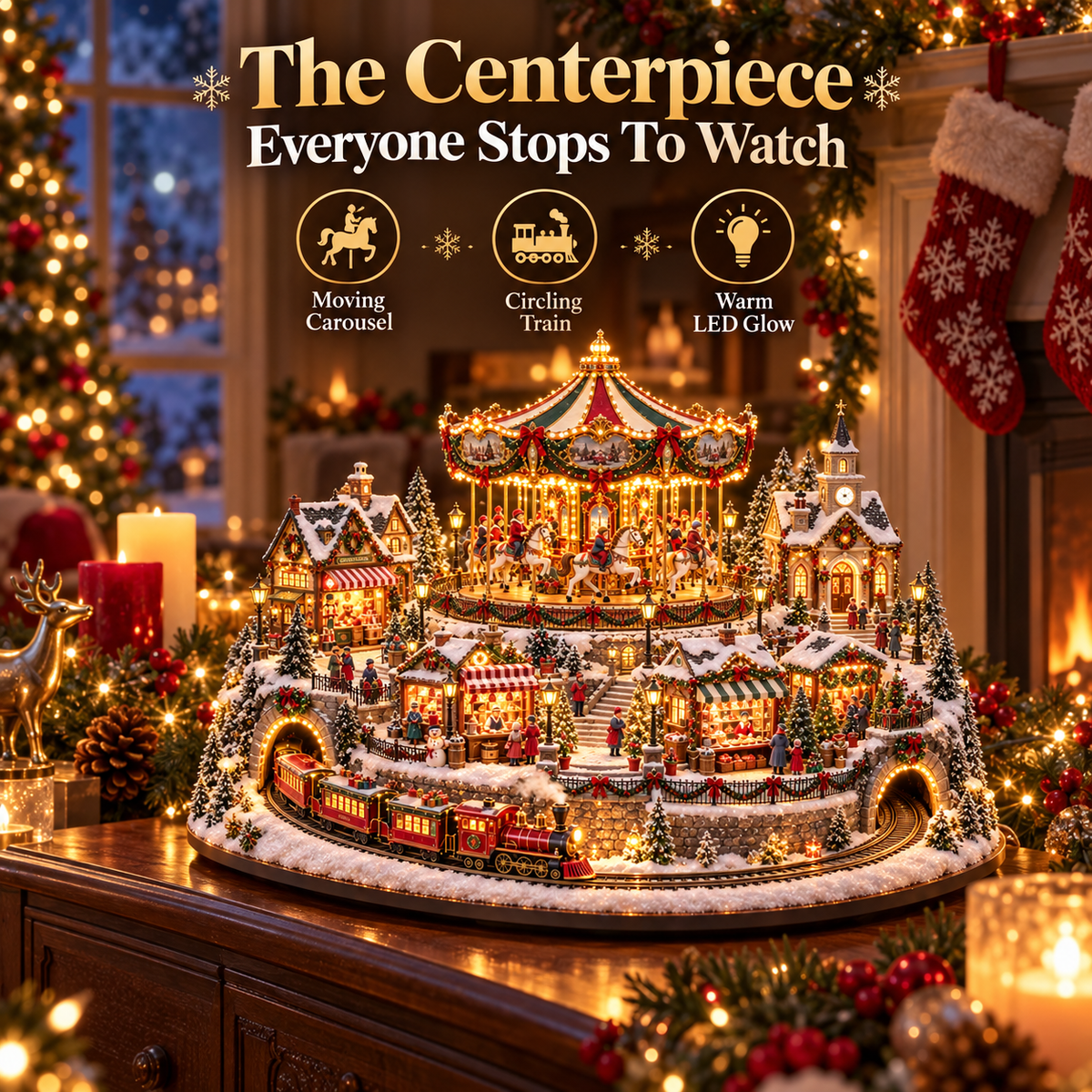 🎠✨ Christmas Market Carousel Village | Animated Lighted Holiday Train & Village Centerpiece