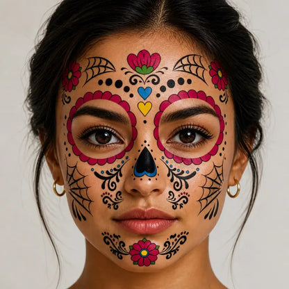 Mexican Dia De Los Muertos Temporary Face Tattoos - Sugar Skull Floral Face Decals 🎭