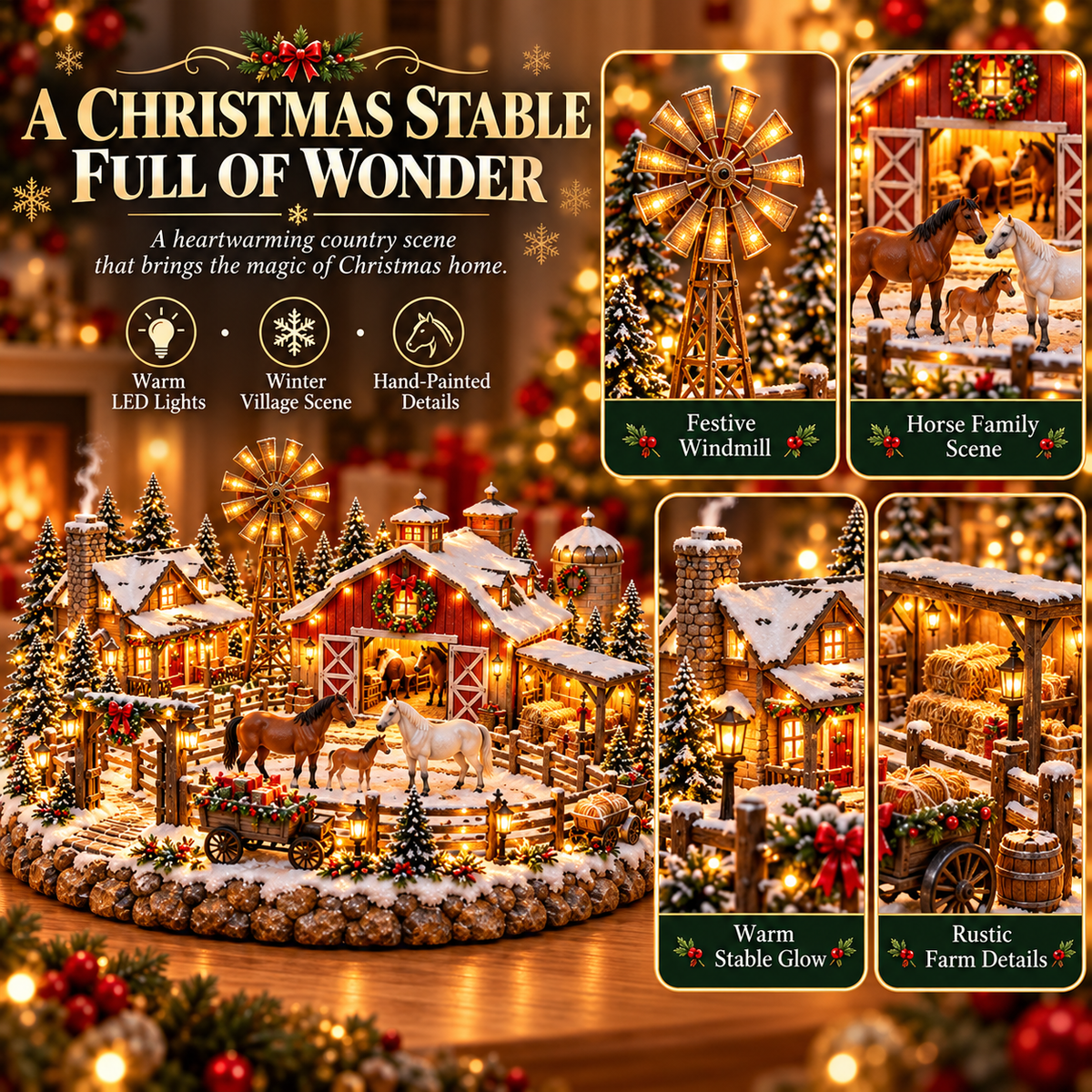 ✨🐎 Winter Horse Stable Village – Lighted Horse Village Display