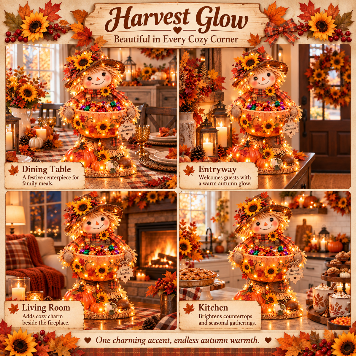 Harvest Glow displayed in dining room entryway living room and kitchen