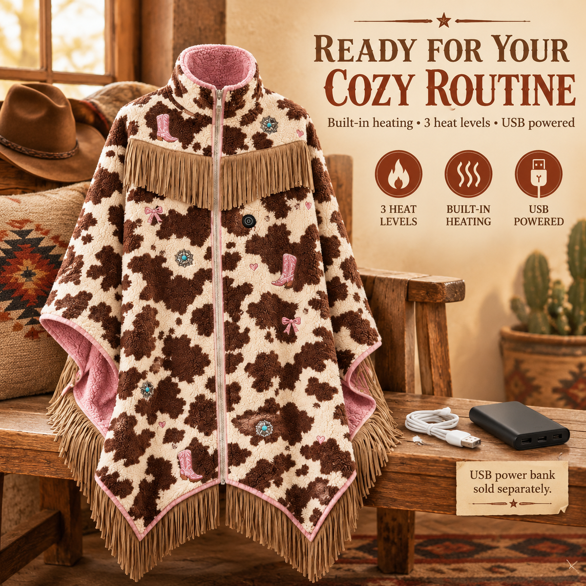 🤠🔥 Cozy Rodeo Wrap™ | 3-Heat USB Heated Fringe Poncho