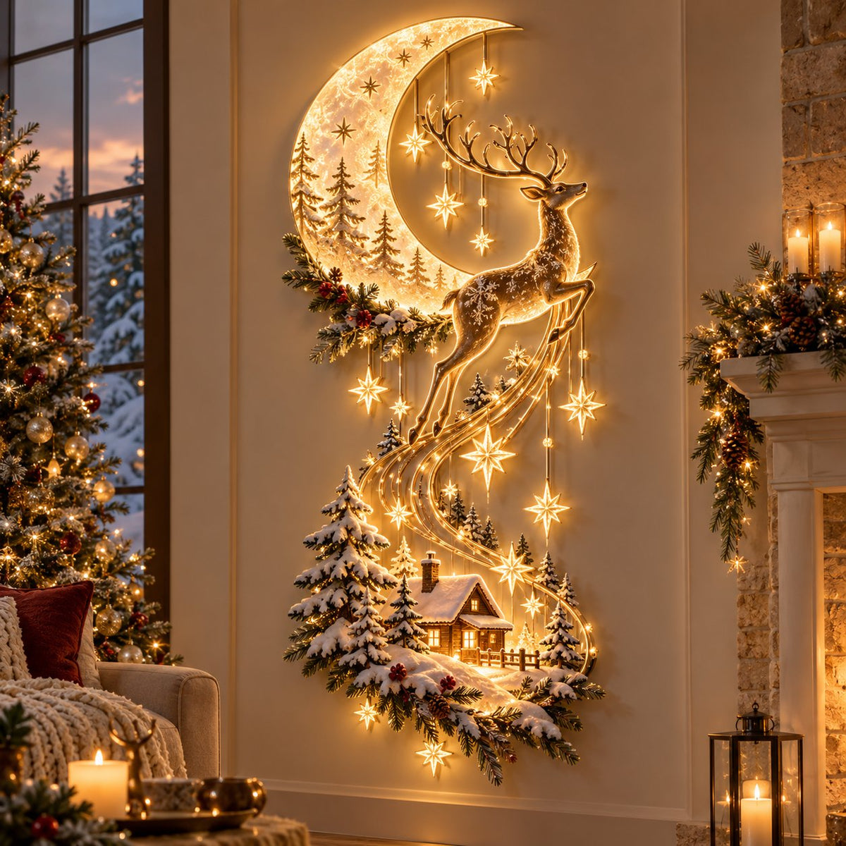🌙🦌 Moonlit Reindeer Christmas Wall Light ✨ Cozy Winter Cabin & Cascading Stars