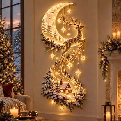 🌙🦌 Moonlit Reindeer Christmas Wall Light ✨ Cozy Winter Cabin & Cascading Stars