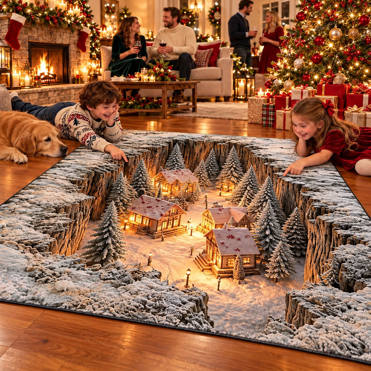 Christmas village rug 3D optical illusion