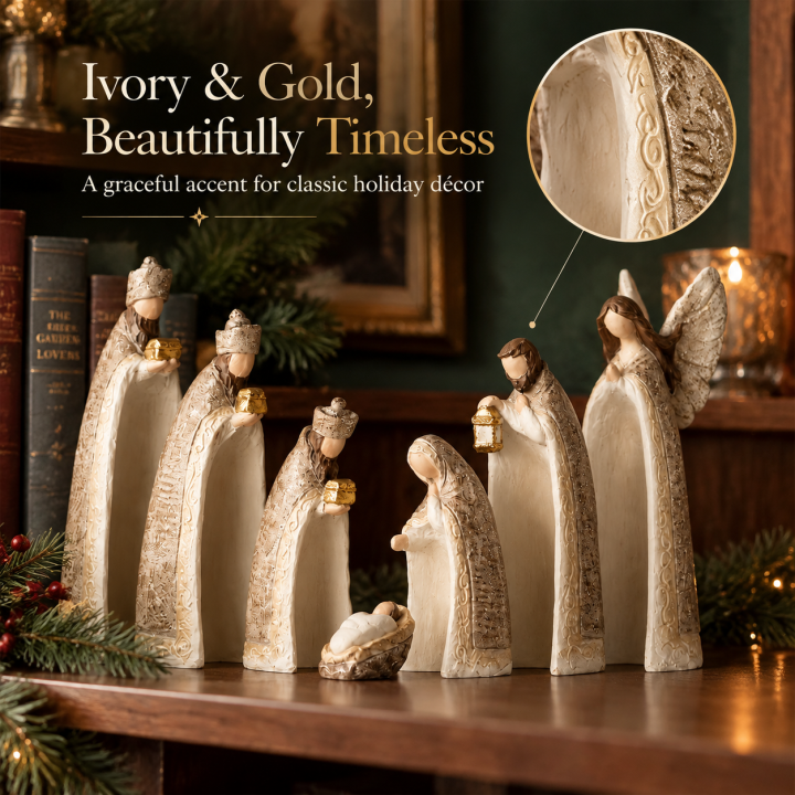 ✝️ Silent Night Nativity Figurine Set – 7-Piece Ivory & Gold Christmas Display