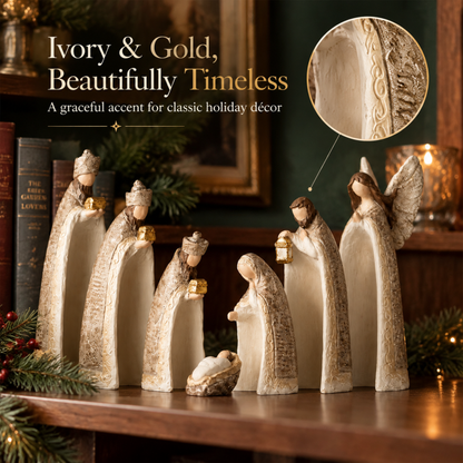 ✝️ Silent Night Nativity Figurine Set – 7-Piece Ivory & Gold Christmas Display