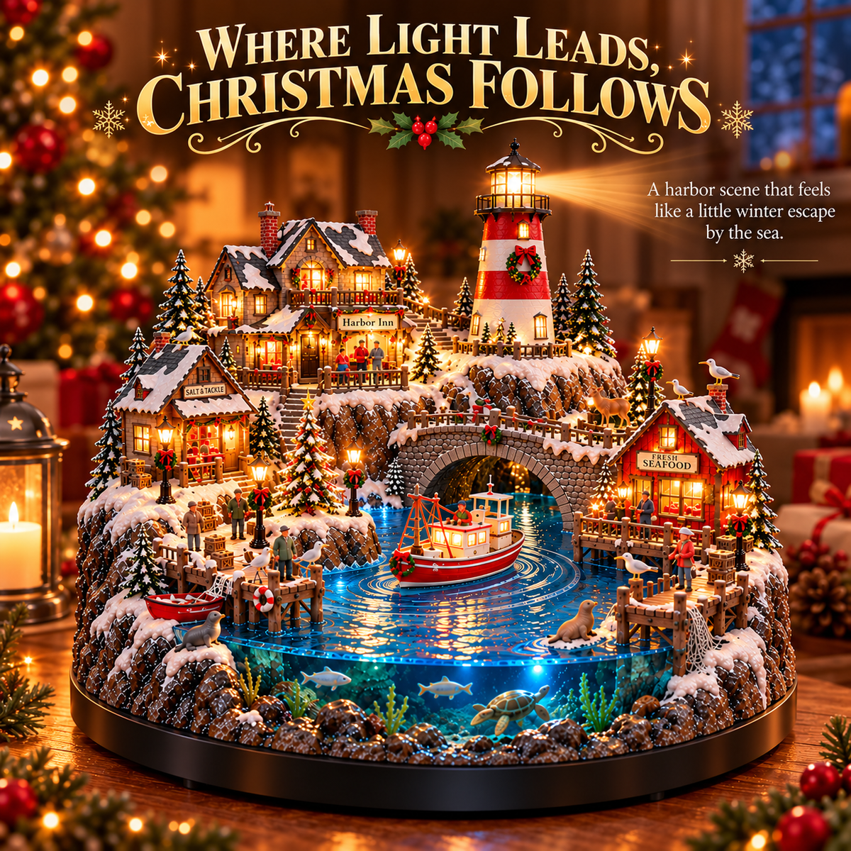 🎄⚓ Harborlight Christmas™ – Magical Lighted Coastal Village with Lighthouse, Fishing Boat & Underwater Wonderland ✨🌊