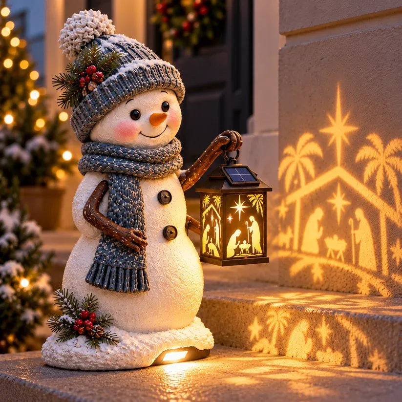 ⛄ Snowman Nativity Glow™ – Solar Christmas Step Light with Holy Family Projection