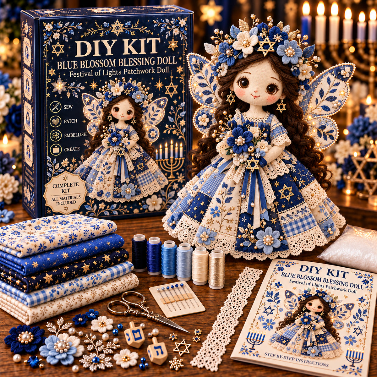 🕎🧵 Festival of Lights Friends™ | Hanukkah Patchwork Doll DIY Kit – 3 Designs