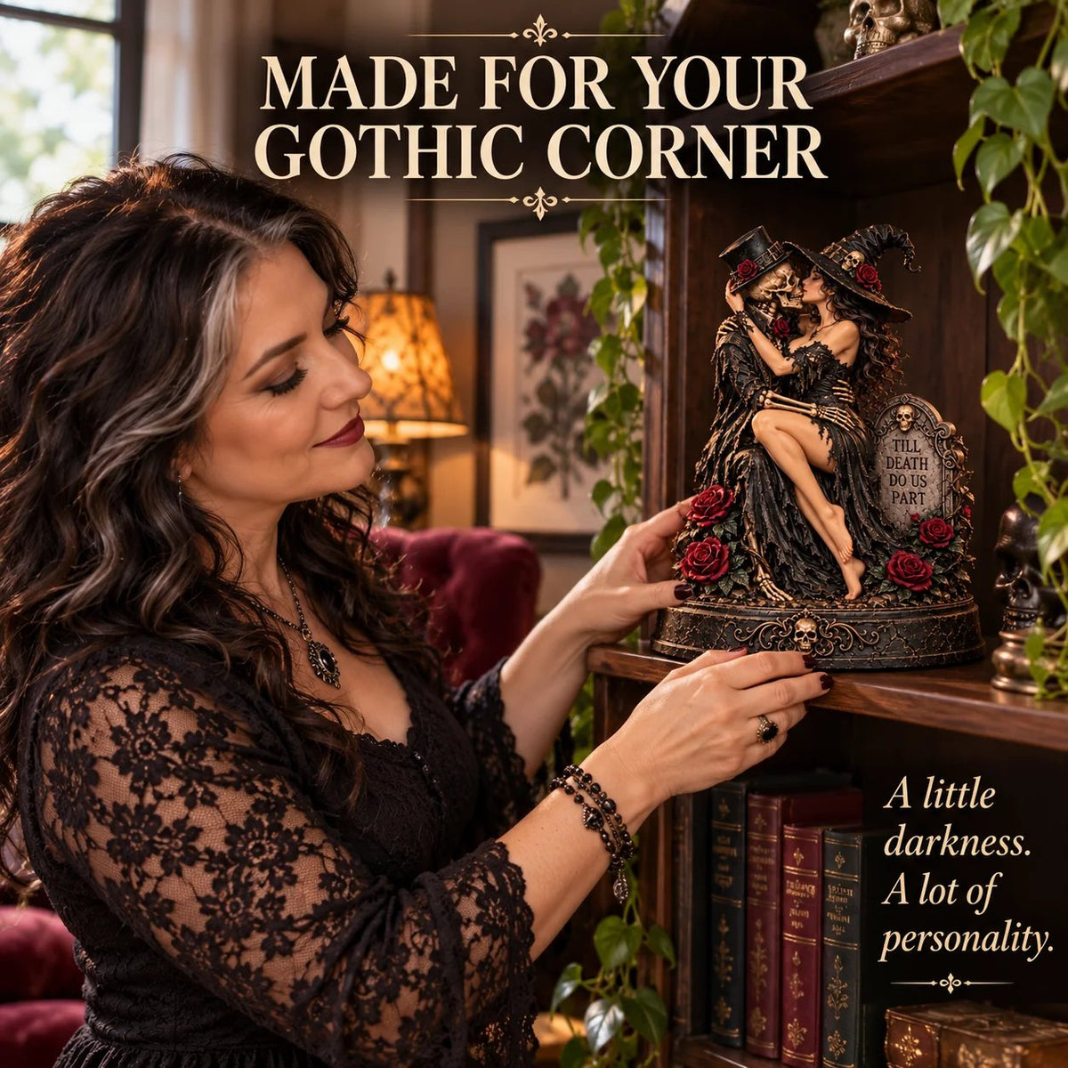 🥀 Eternal Afterlife Lovers | Gothic Witch & Skeleton Statue