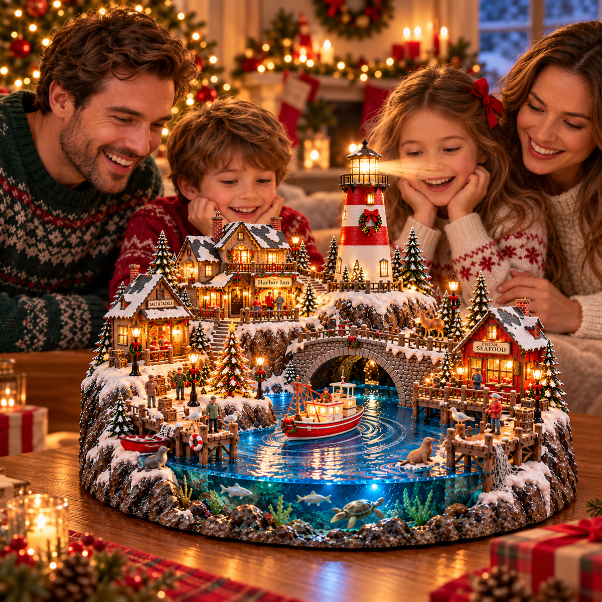 🎄⚓ Harborlight Christmas™ – Magical Lighted Coastal Village with Lighthouse, Fishing Boat & Underwater Wonderland ✨🌊