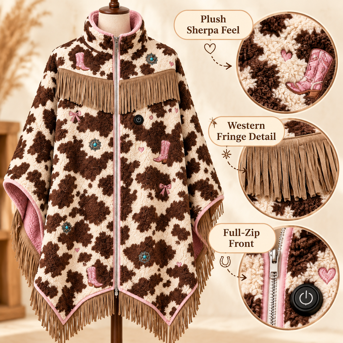 🤠🔥 Cozy Rodeo Wrap™ | 3-Heat USB Heated Fringe Poncho