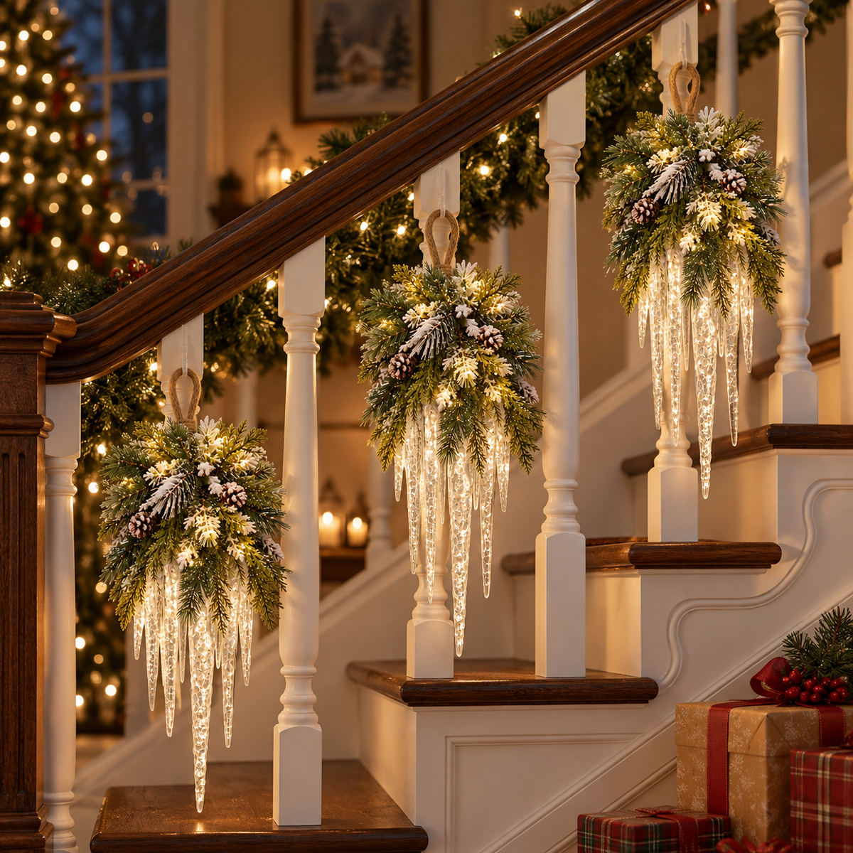 🌲❄️ Frosted Evergreen Icicle Swag – Warm LED Holiday Decor
