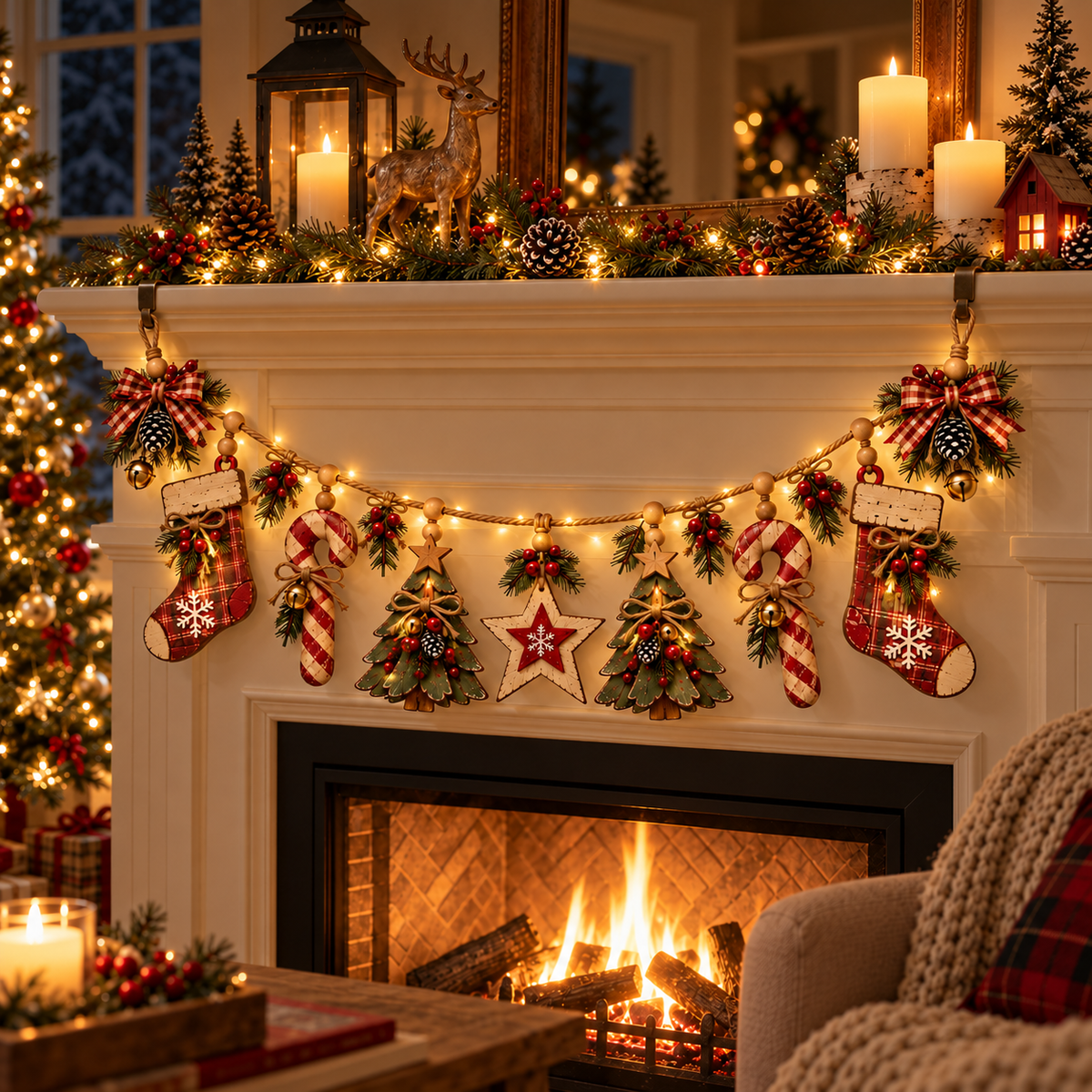 Vintage Lighted Wooden Christmas Heirloom Garland