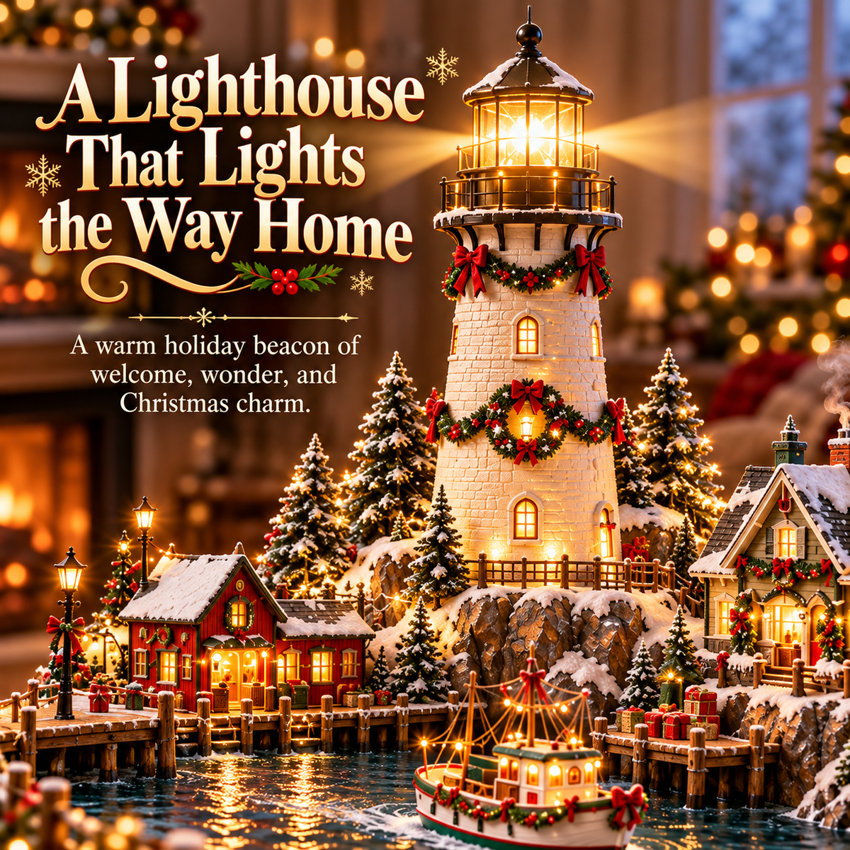 🔥 LAST DAY 49% OFF-🎄Christmas Lighthouse Harbor Village – Light-Up Winter Wonderland
