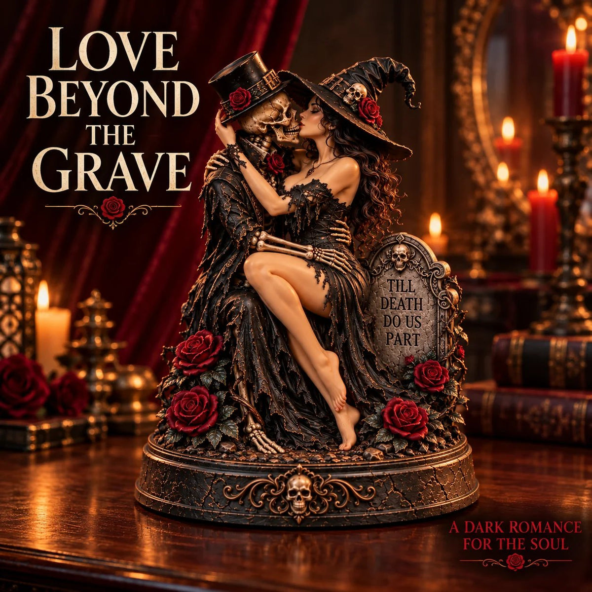 🥀 Eternal Afterlife Lovers | Gothic Witch & Skeleton Statue