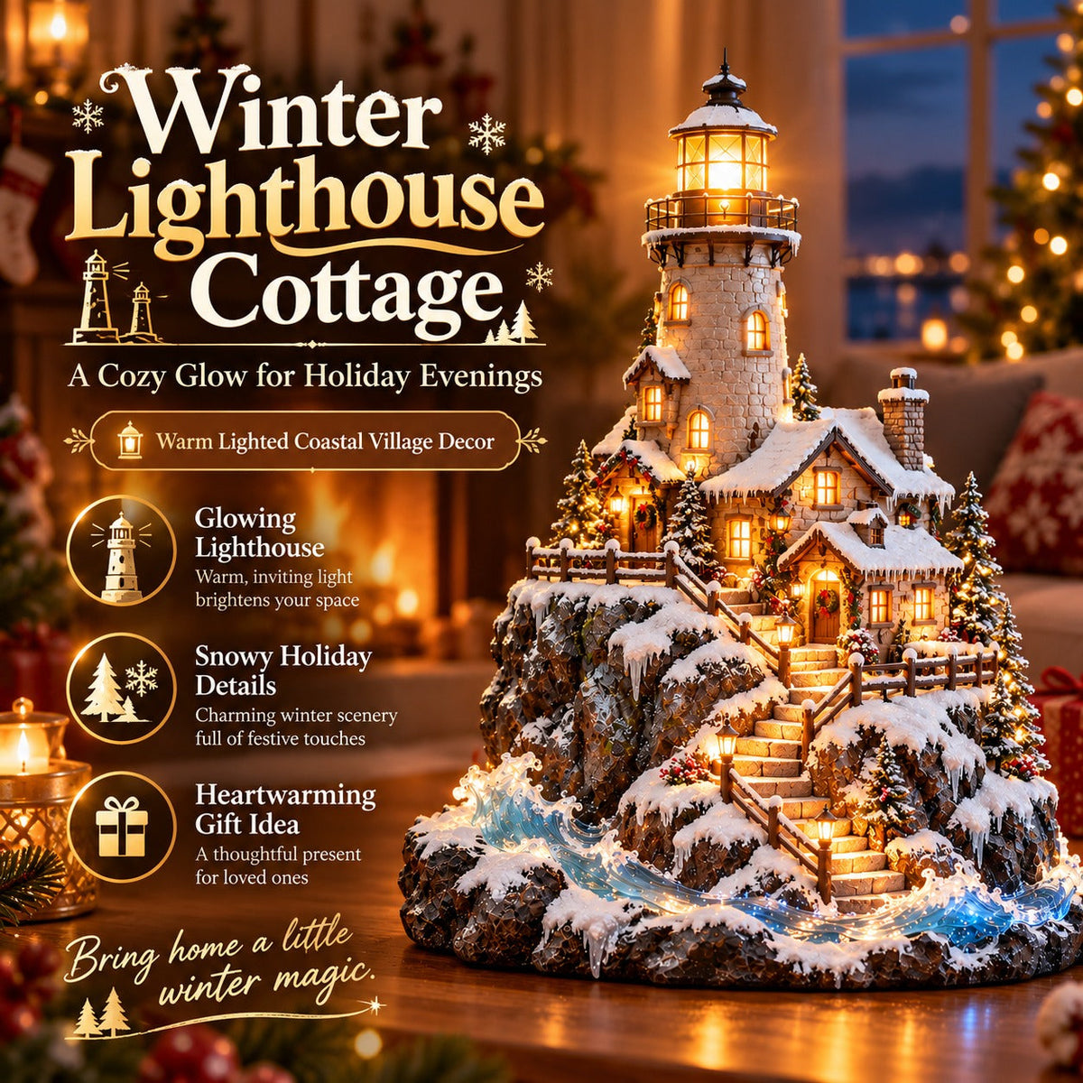✨ Winter Lighthouse Cottage Village™ – Lighted Coastal Christmas Decor ❄️
