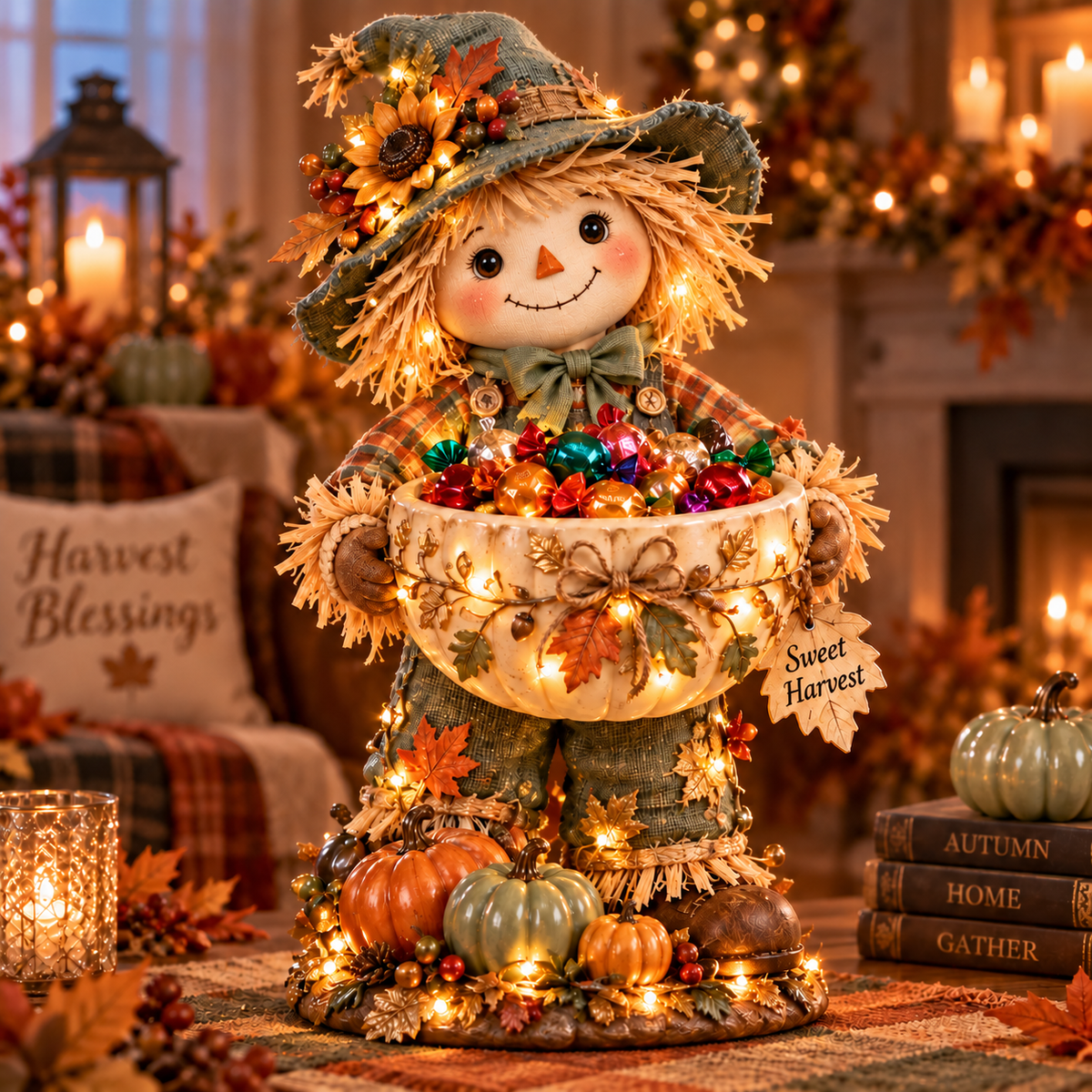 Sage Harvest lighted scarecrow candy bowl in cozy fall home