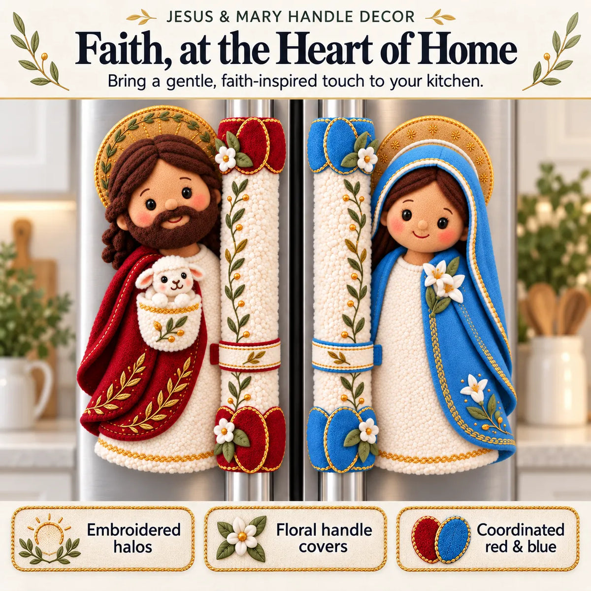 ⏳ Last Day 49% OFF – ✝️ Heaven in the Kitchen | Jesus & Mary Plush Handle Huggers ❤️