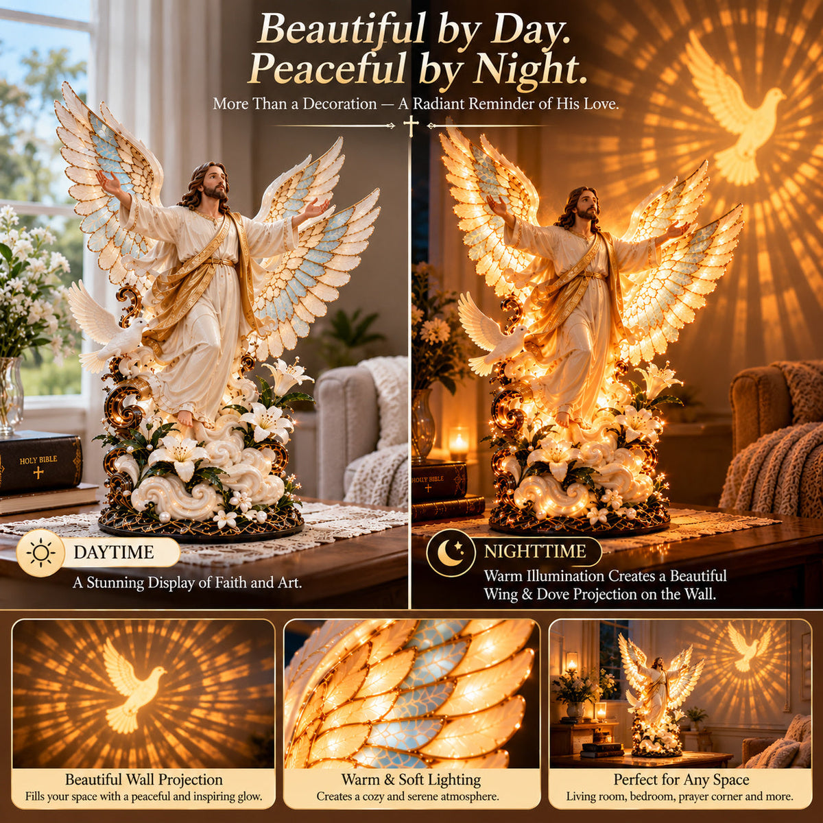 ✝️ Let His Love Light Up Your Home! 🕊️ Wings of His Love – Illuminated Jesus Sculpture with Angel Wings & Dove Projection!