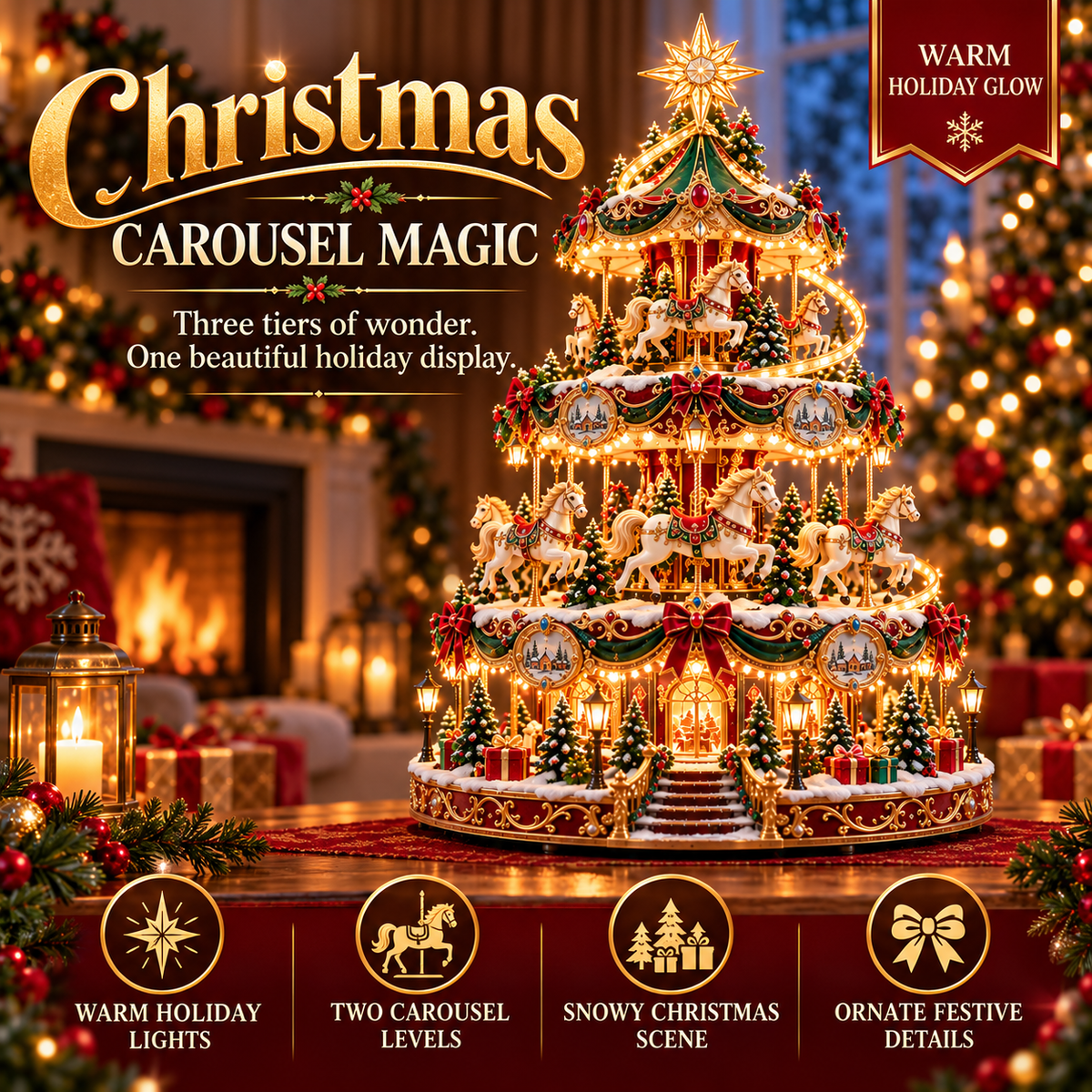 🎠✨ Enchanted Carousel Christmas Tree™ – Lighted 3-Tier Holiday Centerpiece