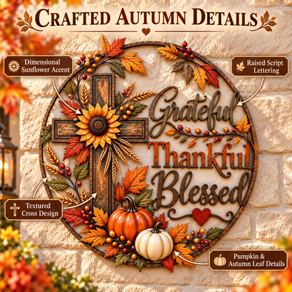 🍂🙏 Grateful, Thankful & Blessed™ | Rustic Fall Faith Wall Décor for Porch & Home ✝️🌻