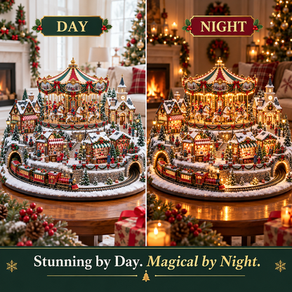 🎠✨ Christmas Market Carousel Village | Animated Lighted Holiday Train & Village Centerpiece