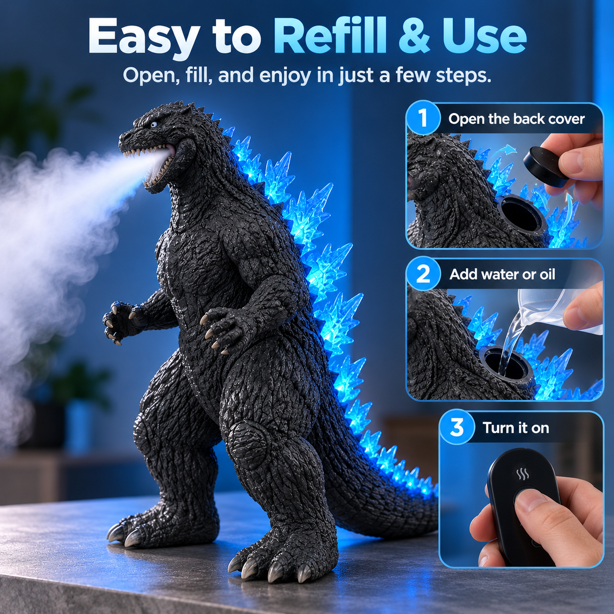 🌊💙 Kaiju Mist™ | Cool Mist Humidifier with Blue LED Glow & Remote