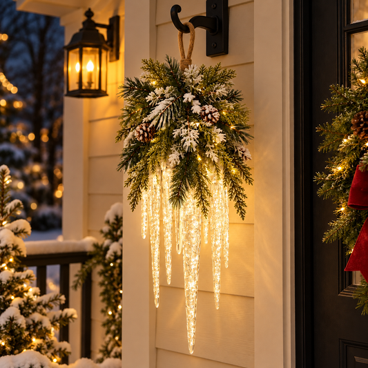 🌲❄️ Frosted Evergreen Icicle Swag – Warm LED Holiday Decor