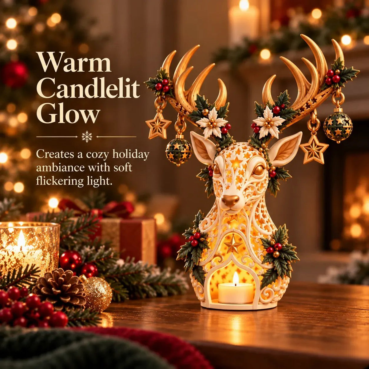 🦌✨ Golden Starlight Reindeer™ – Christmas Candle Holder with Magical Starry Glow 🎄🕯️