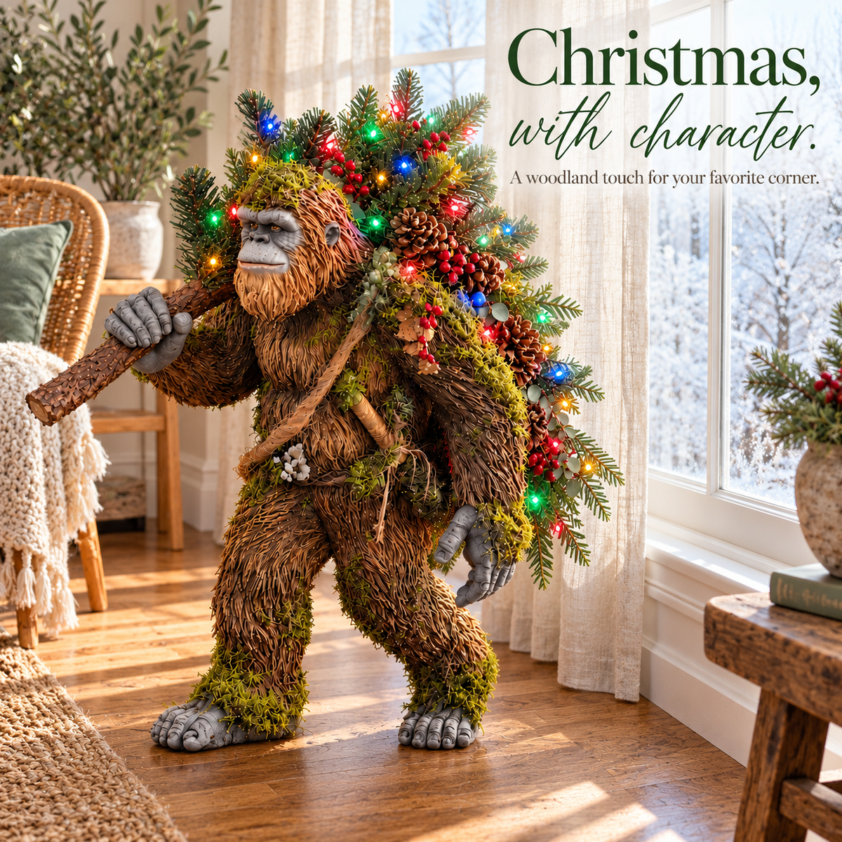 🎄 👣 Woodland Bigfoot Christmas Decor – Carrying a Lighted Tree