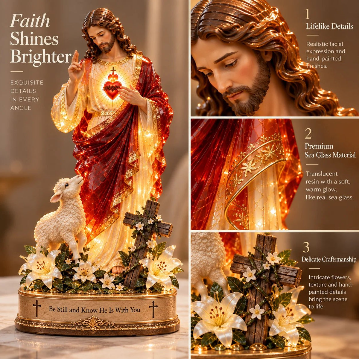 ✝️🔥 50K+ Sold! 👼 Jesus & Lamb Lighted Sea Glass Statue — A Beautiful Symbol of Faith
