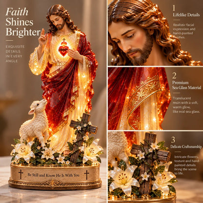 ✝️🔥 50K+ Sold! 👼 Jesus & Lamb Lighted Sea Glass Statue — A Beautiful Symbol of Faith