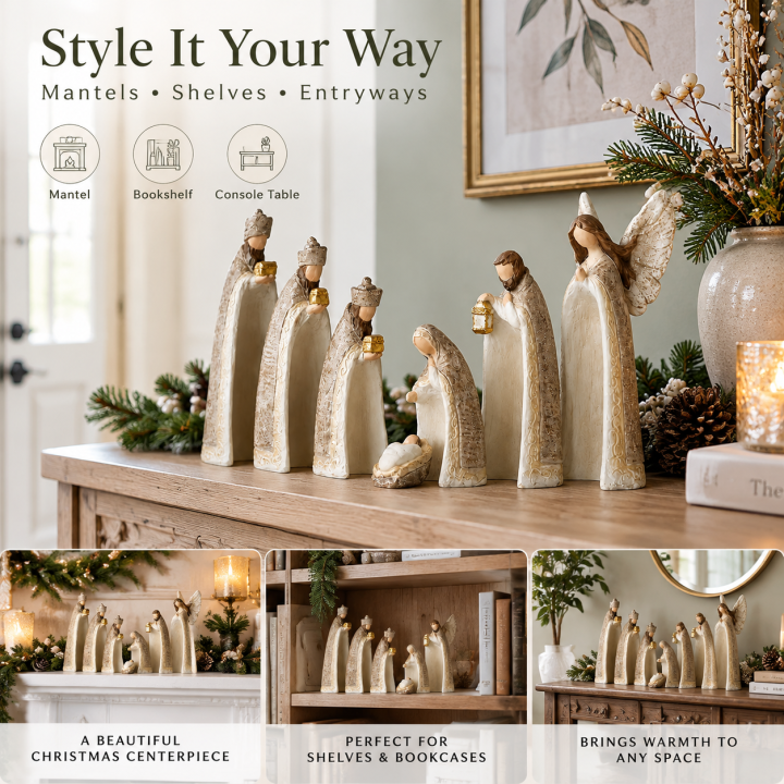 ✝️ Silent Night Nativity Figurine Set – 7-Piece Ivory & Gold Christmas Display