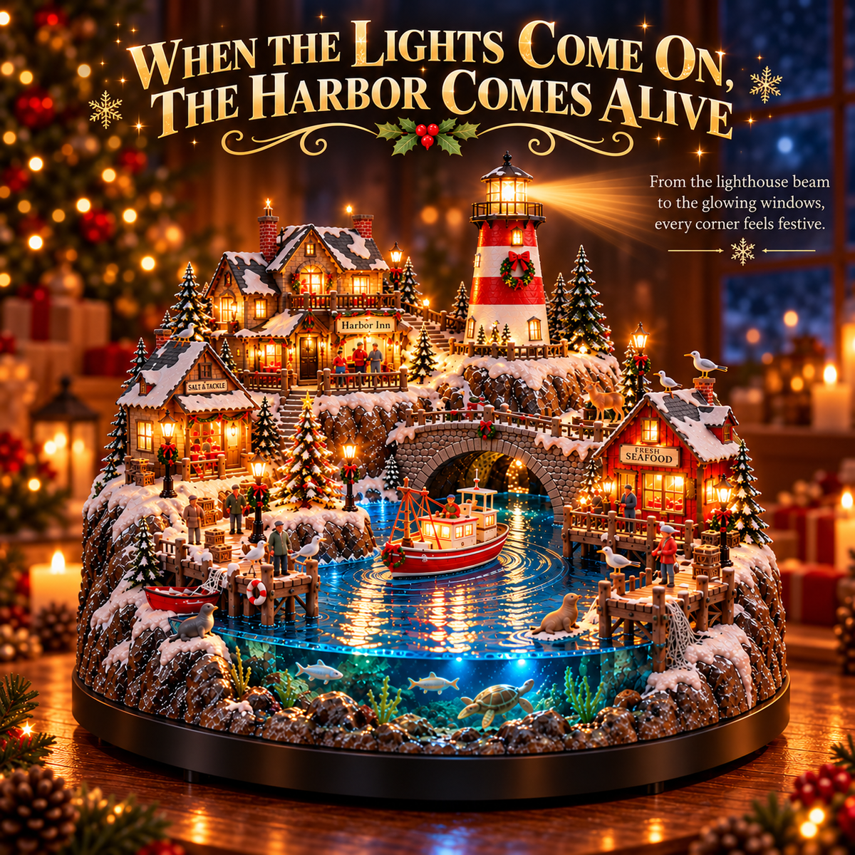 🎄⚓ Harborlight Christmas™ – Magical Lighted Coastal Village with Lighthouse, Fishing Boat & Underwater Wonderland ✨🌊