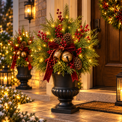 🎄🔔 Evergreen Bell Glow™ | 24" Pre-Lit Christmas Urn Filler with Berries & Pinecones