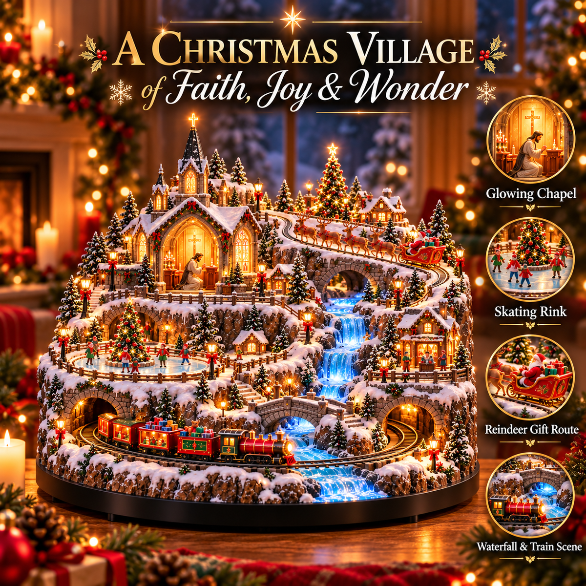 🦌🚂 Christmas in Motion | Lighted Village with Train, Sleigh & Waterfall