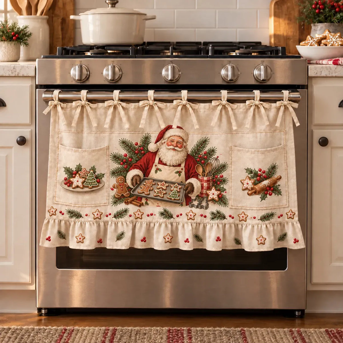 🎄 Christmas Kitchen Tie-On Skirt | Festive Holiday Designs with Pockets & Ruffled Trim ✨