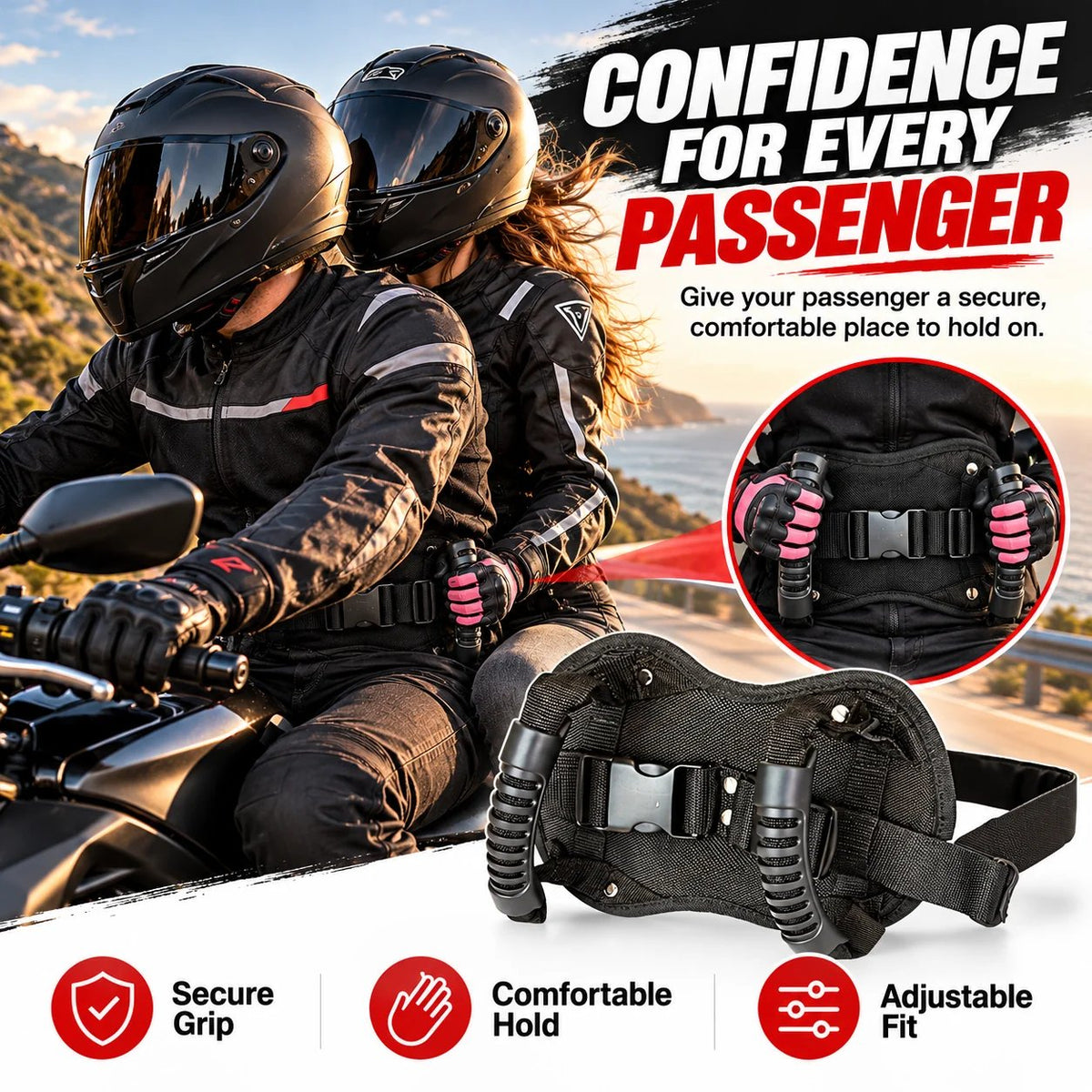 🏍️ Motorcycle Passenger Grab Handle Belt – Rear Seat Safety Grip Strap For Two Riders