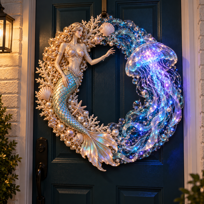 🌊🧜‍♀️ Mermaid & Jellyfish Glow Wreath – Lighted Coastal Decor
