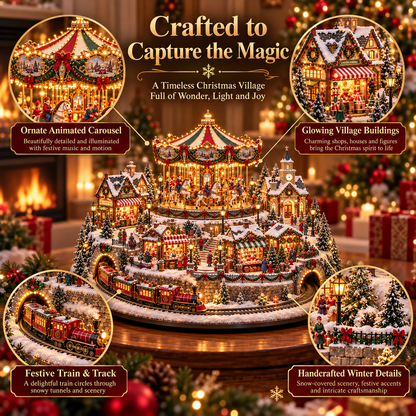 🎠✨ Christmas Market Carousel Village | Animated Lighted Holiday Train & Village Centerpiece