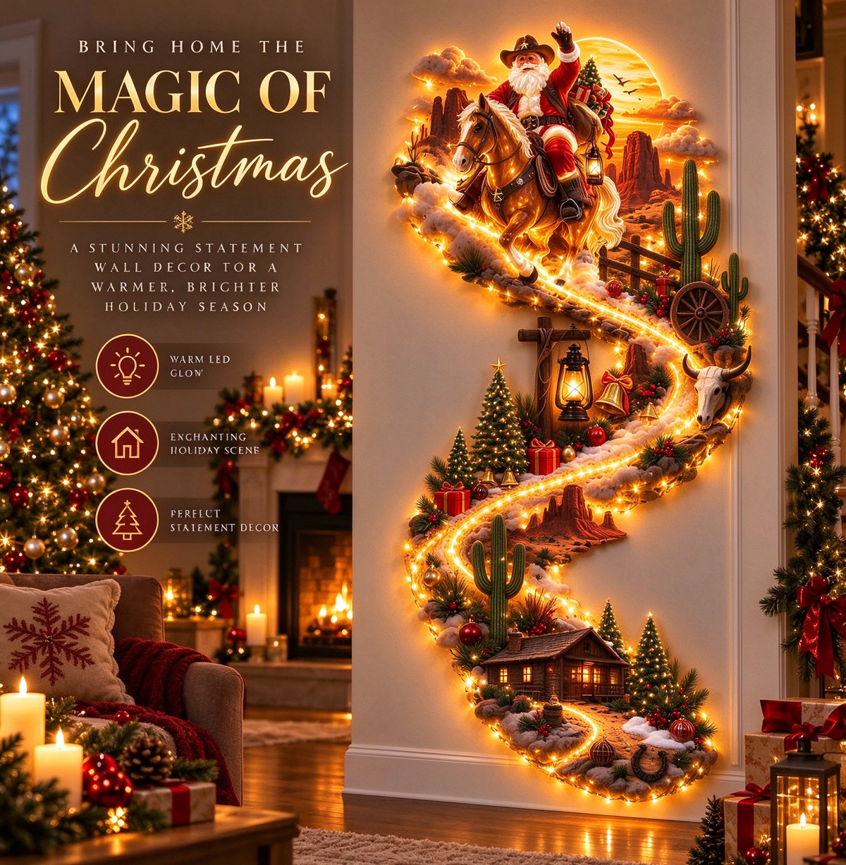 🔥 Last Day – 50% Off!🎅 Wild West Santa – Lighted Christmas Wall Decor