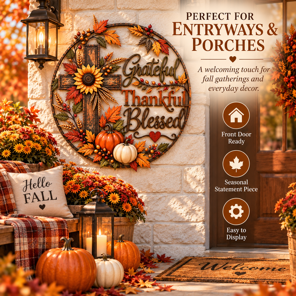 🍂🙏 Grateful, Thankful & Blessed™ | Rustic Fall Faith Wall Décor for Porch & Home ✝️🌻