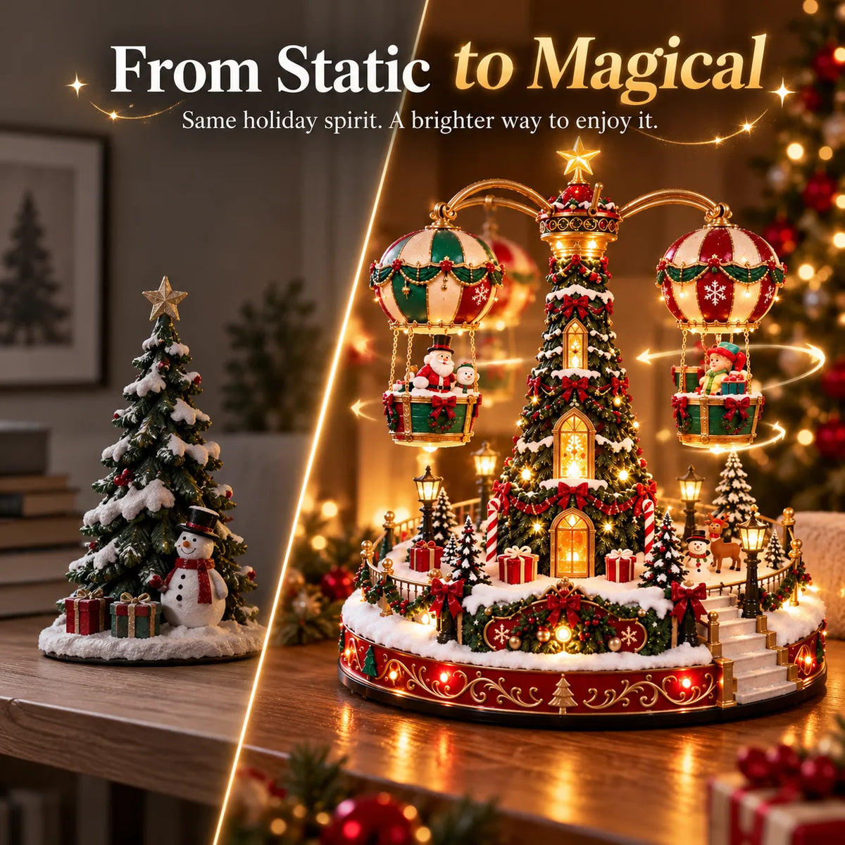 Magical Christmas Hot Air Balloon Musical Carousel™️ – Rotating Holiday Village Centerpiece with LED Lights & Flying Santa 🎄✨