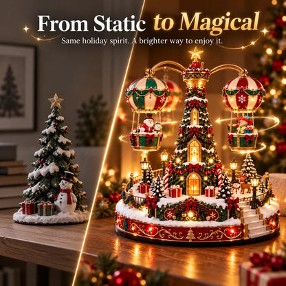 Magical Christmas Hot Air Balloon Musical Carousel™️ – Rotating Holiday Village Centerpiece with LED Lights & Flying Santa 🎄✨