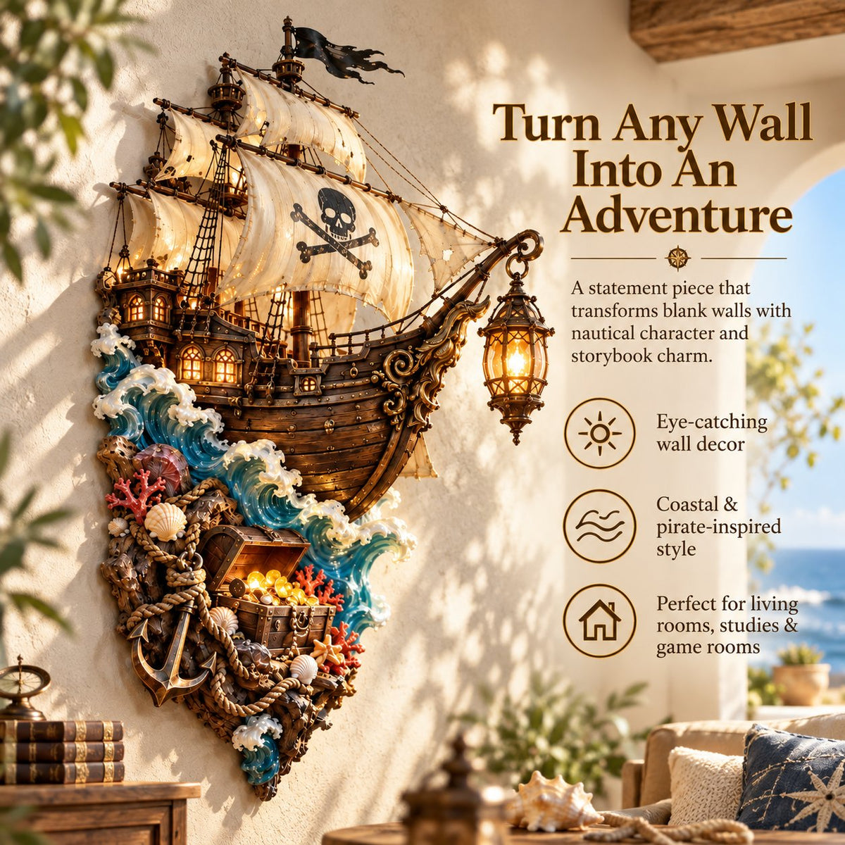 ⛵👻 Phantom Tide™ | Lighted Ghost Ship Nautical Wall Decor
