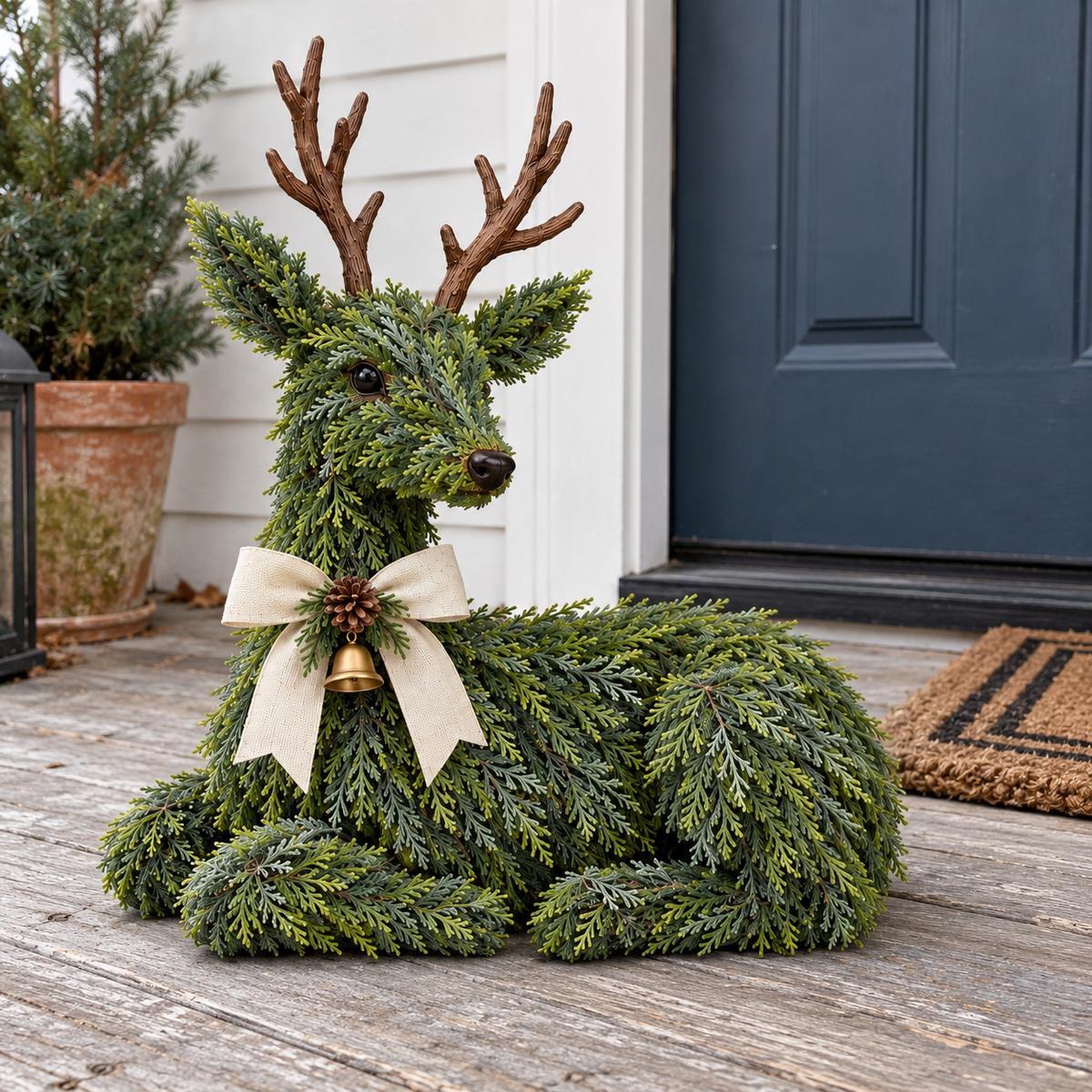 Evergreen reindeer Christmas decoration with cream bow