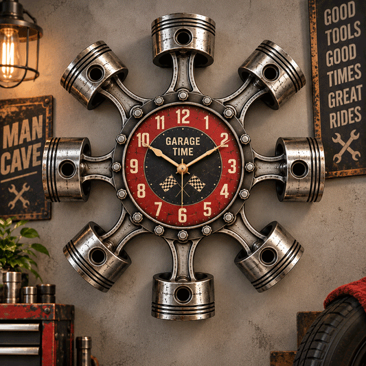 Super-cool piston-style garage wall clock